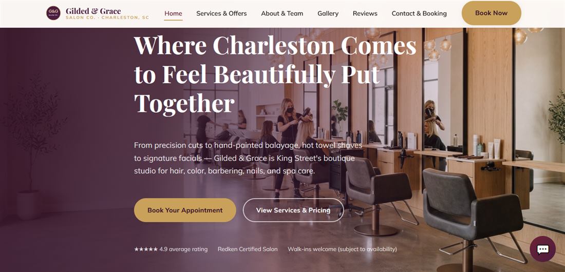 Homepage of Gilded Saloon, a salon website demo